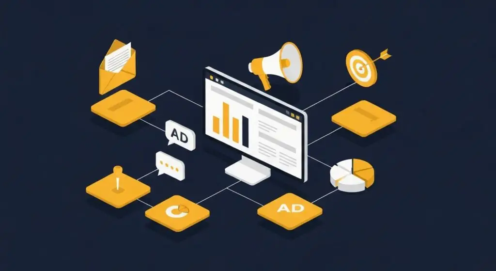 AI marketing MKB dashboard met tools voor email, ads, analytics en doelen