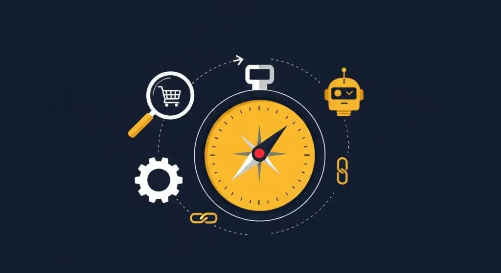 Webshop SEO complete gids met kompas, winkelwagen, grafiek en AI iconen in Yellify huisstijl