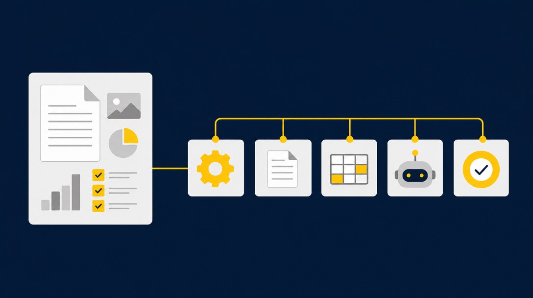 AI workflow bouwen: 6 bouwstenen van een goede flow 1 groot blok opgesplitst in losse stappen van een ai workflow