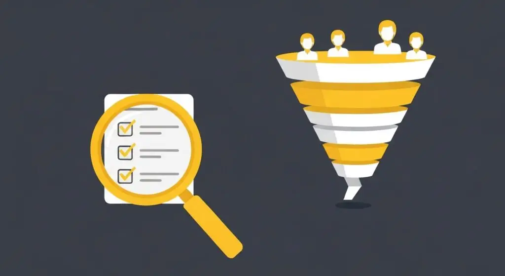 conversie optimalisatie bureau kiezen: vergrootglas met criteria-checklist naast een conversiefunnel