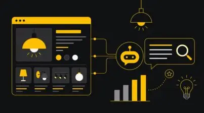 Flat-vector illustratie AI-vindbaarheid webshop: productpagina met AI-assistent en vergrootglas