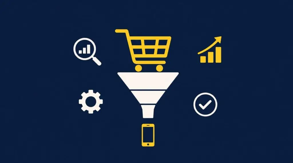 Conversie verhogen webshop: conversiefunnel met winkelwagen en optimalisatie-iconen