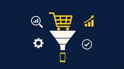 Conversie verhogen webshop: conversiefunnel met winkelwagen en optimalisatie-iconen